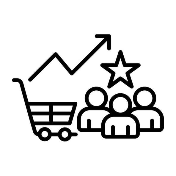 Group of customers with a rising trend arrow, a star and a shopping trolley