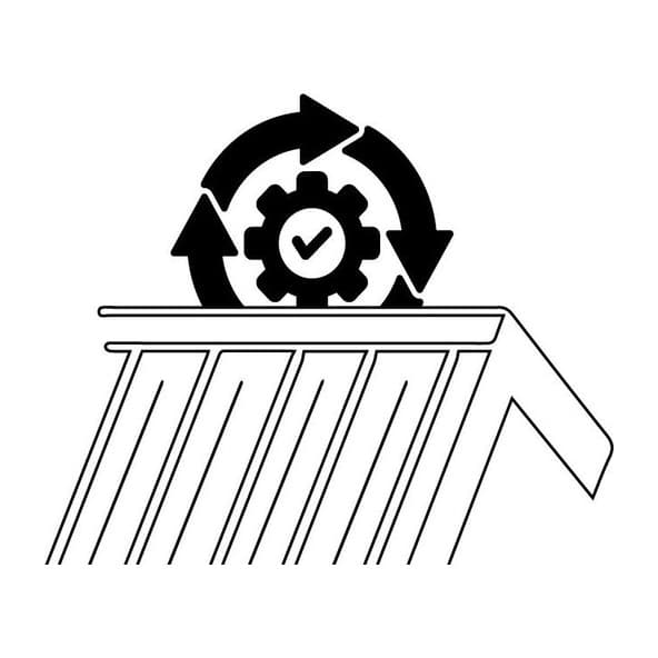 Cog and check mark inside a cycle of arrows above a profiled sheet