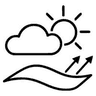Line drawing of sun and cloud over a curved sheet, its rays deflected