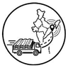Line drawing of a loaded truck beside a map of India with a location pin