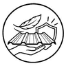 Line drawing of a roofing sheet resting on an open hand beside a feather