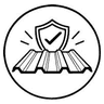 Line drawing of a shield with a tick standing over a roofing sheet
