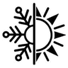 Line drawing of a snowflake and a sun sharing one circle