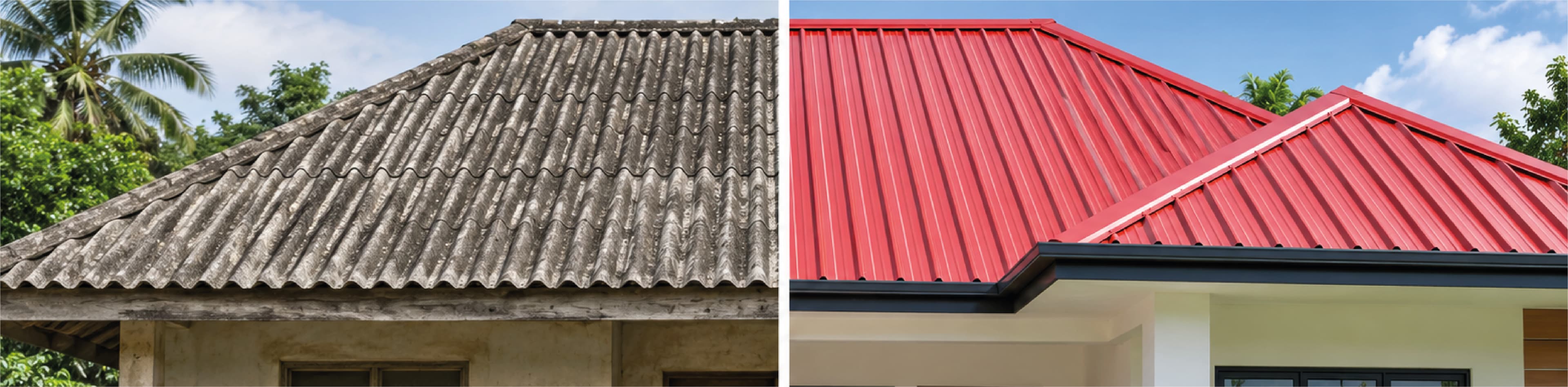 Two roofs side by side: weathered grey cement sheeting on an older house, and a new red colour coated steel roof on a modern one