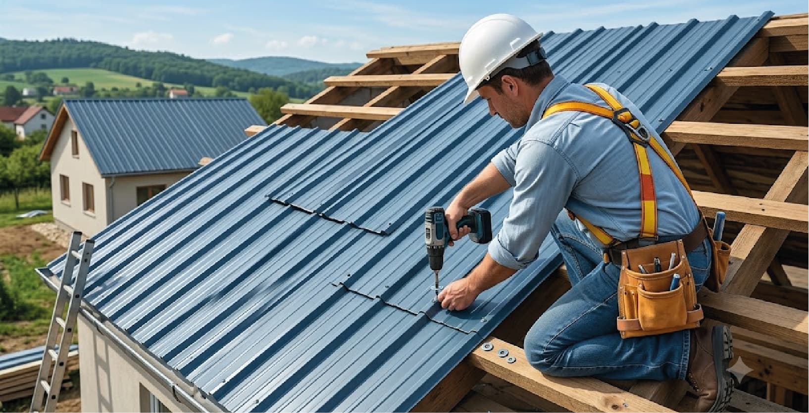 A roofer in a hard hat and safety harness driving a screw into a blue trapezoidal steel roof over open timber rafters