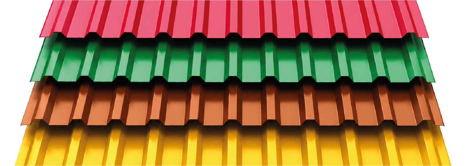 Four closely ribbed sheets stacked in red, green, brown and yellow