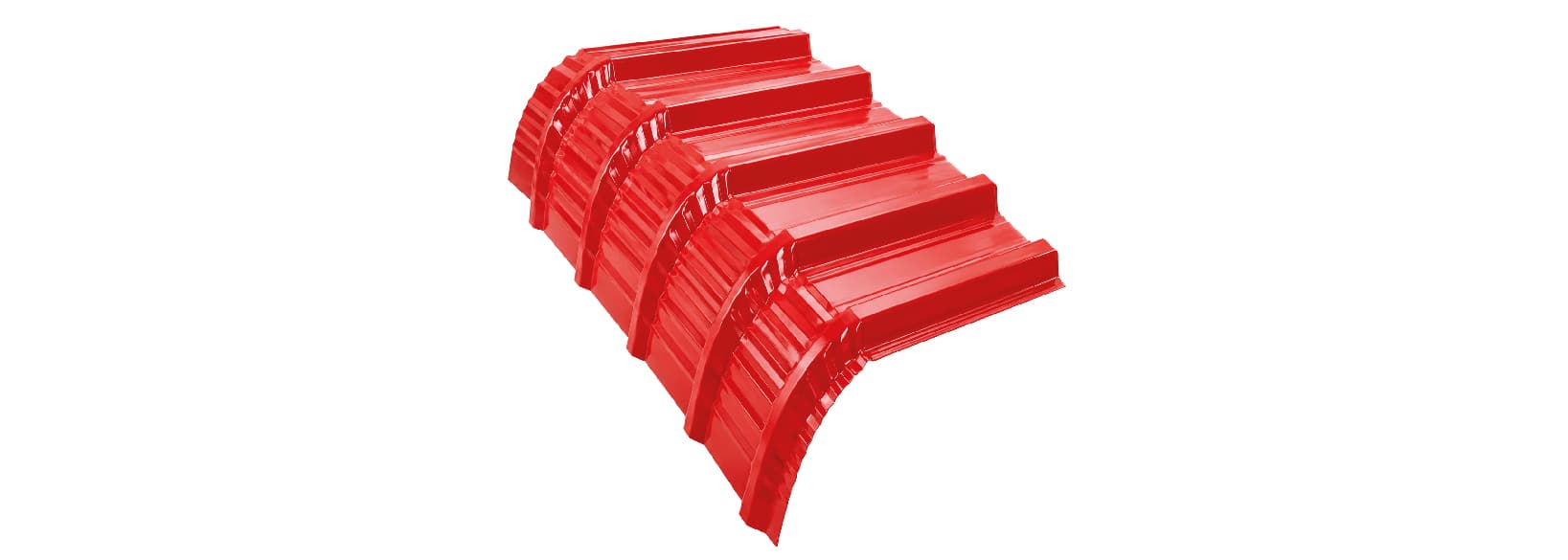 A red 4ft wide double trapezoidal sheet, crimp-curved into an arch