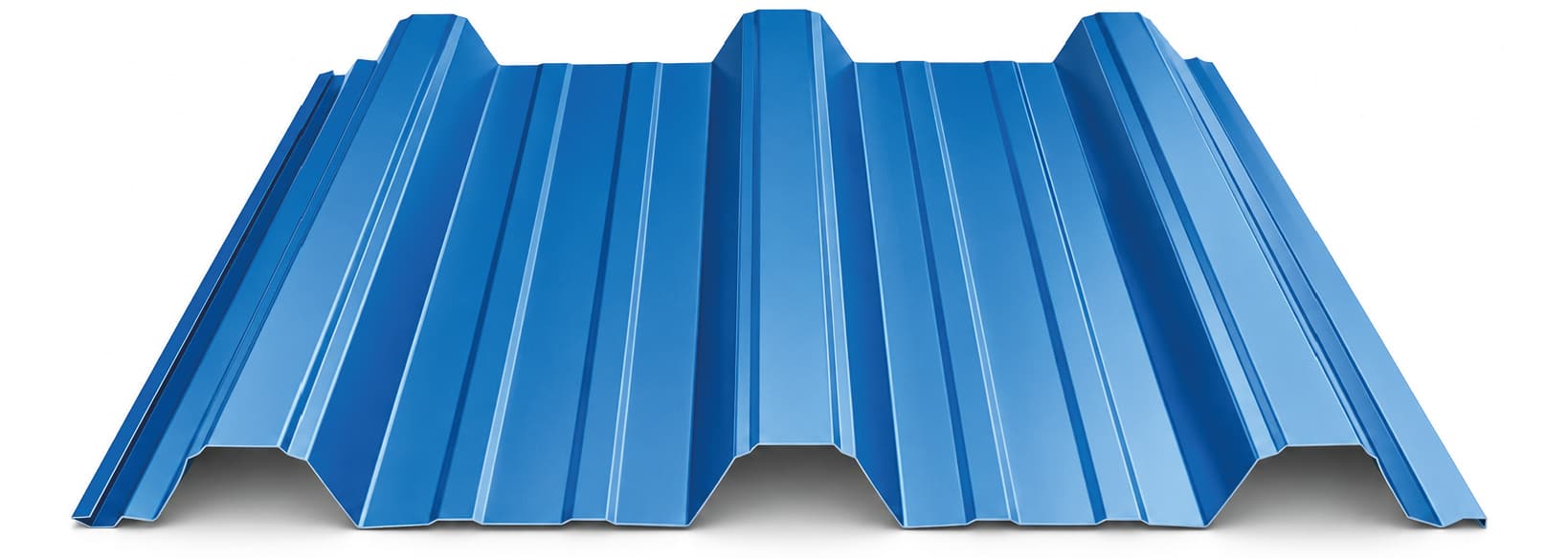 A blue trapezoidal sheet with two stiffening ribs in each pan