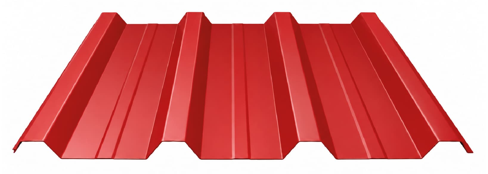 A red trapezoidal sheet with a single stiffening rib in each pan