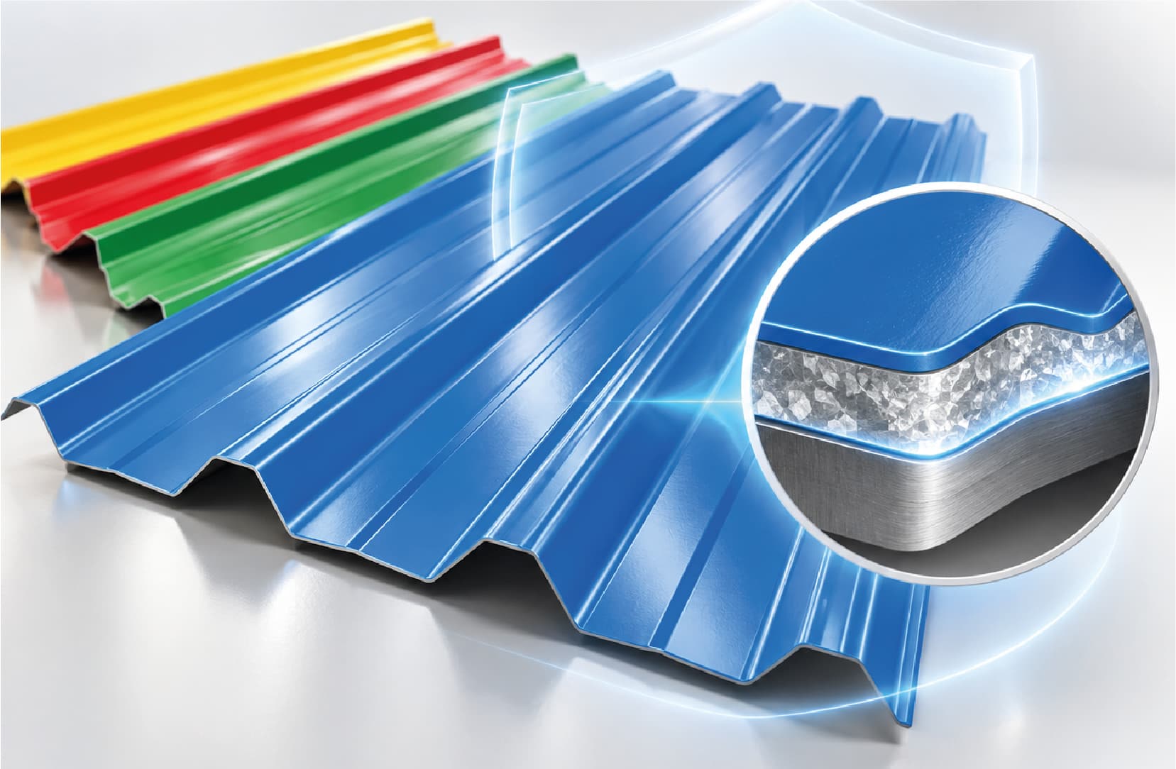 a blue profiled sheet with an inset cutaway of its aluminium-zinc coating layers