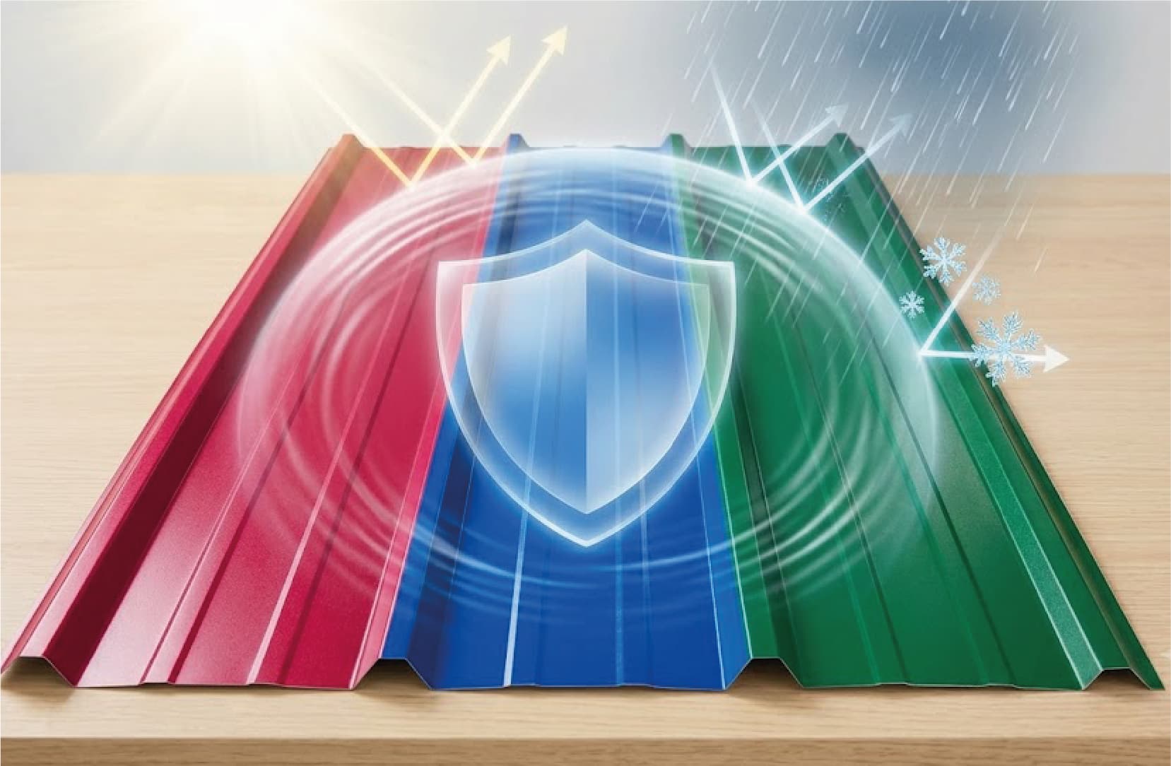 a glowing shield over red, blue and green sheets under rain and sun
