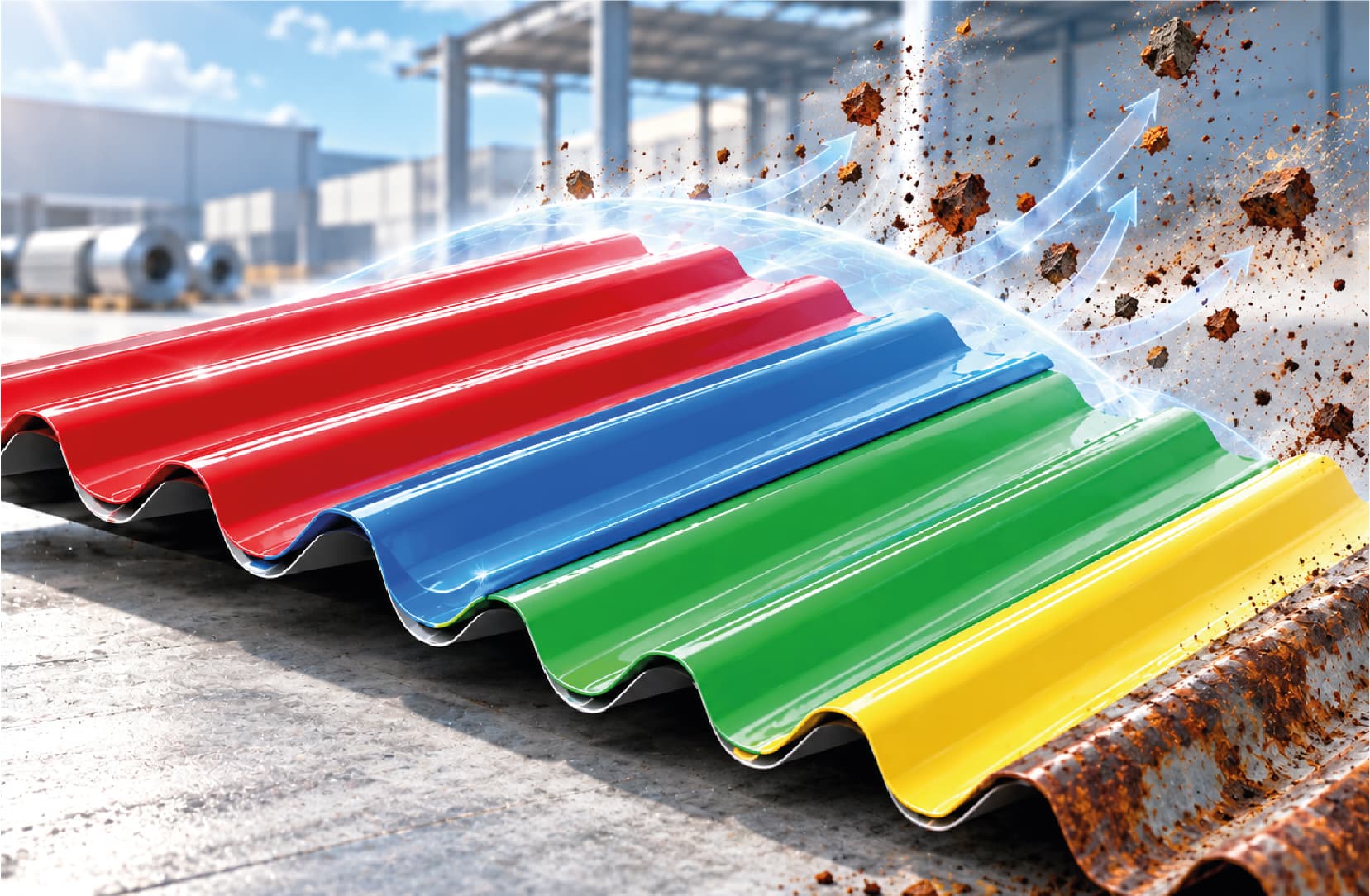 coloured sheets shielded from airborne corrosion above a rusting surface