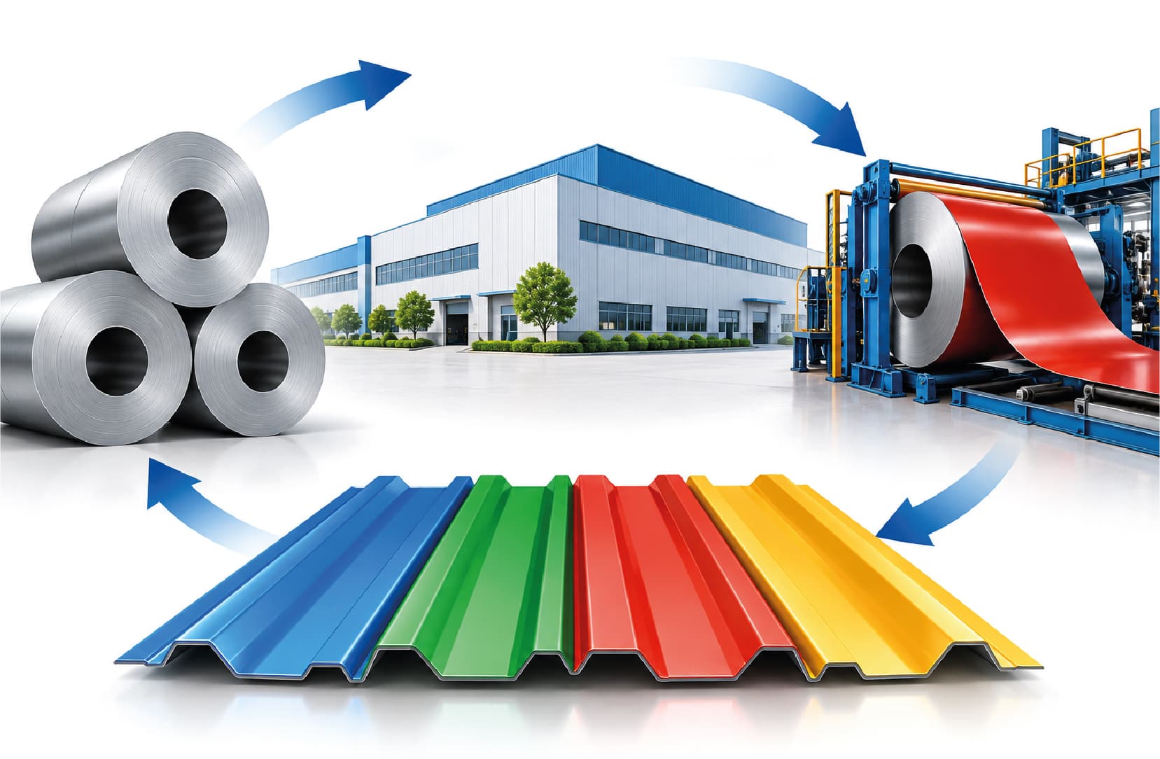 steel coils and a coating line feeding into finished colour coated sheets