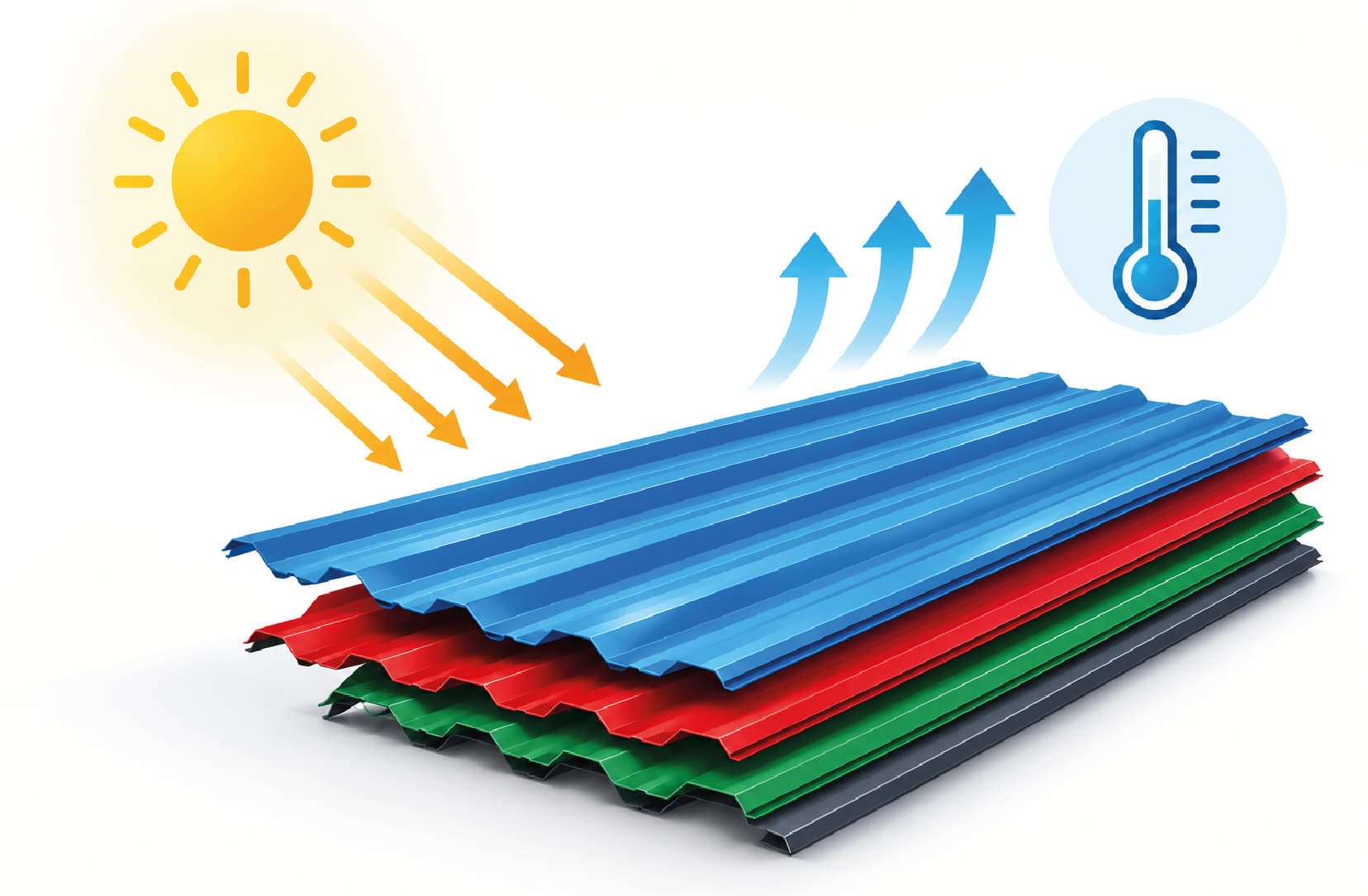 sun rays striking coloured sheets and reflecting away, beside a thermometer