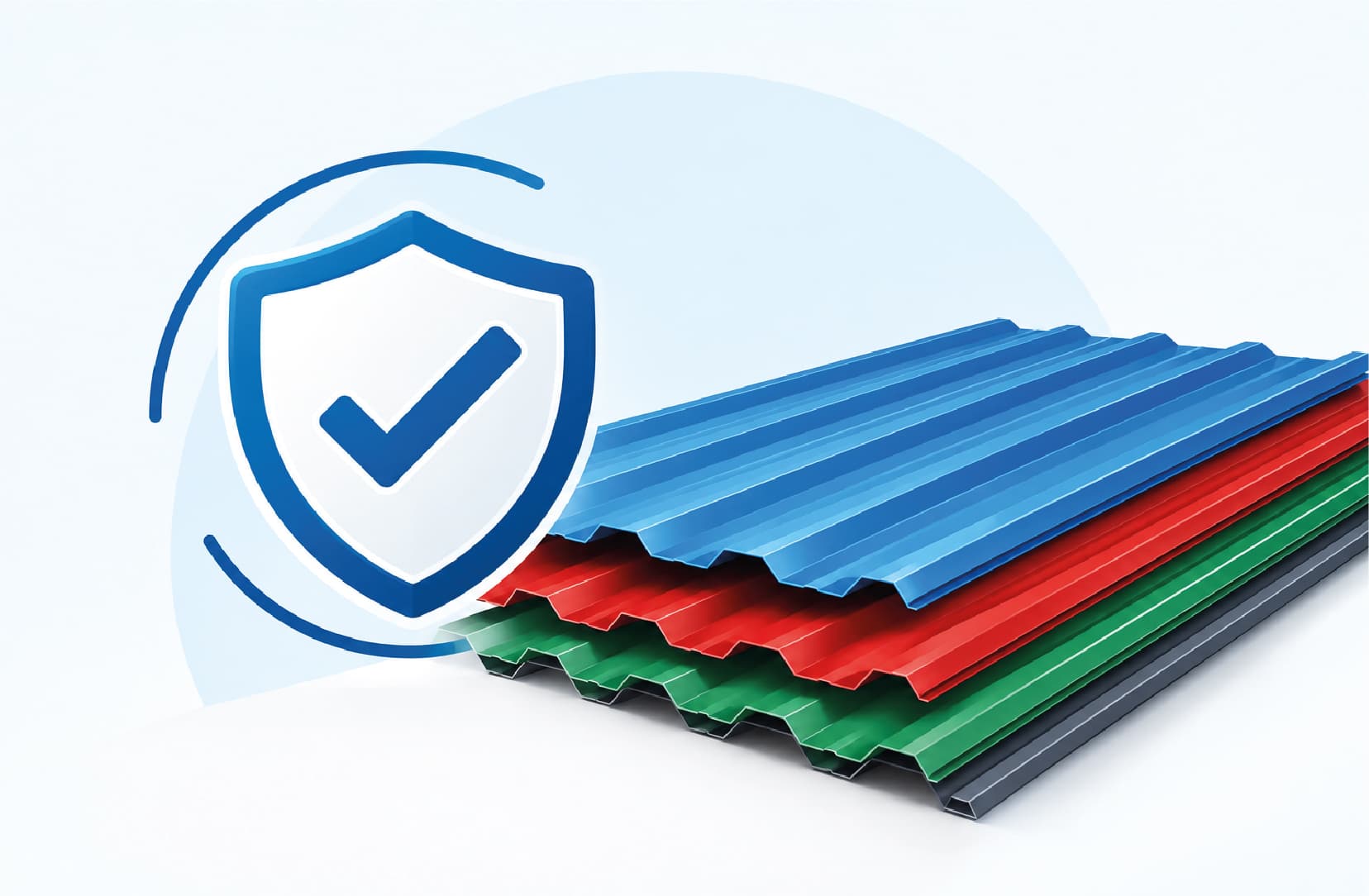 a shield bearing a tick over a stack of colour coated sheets