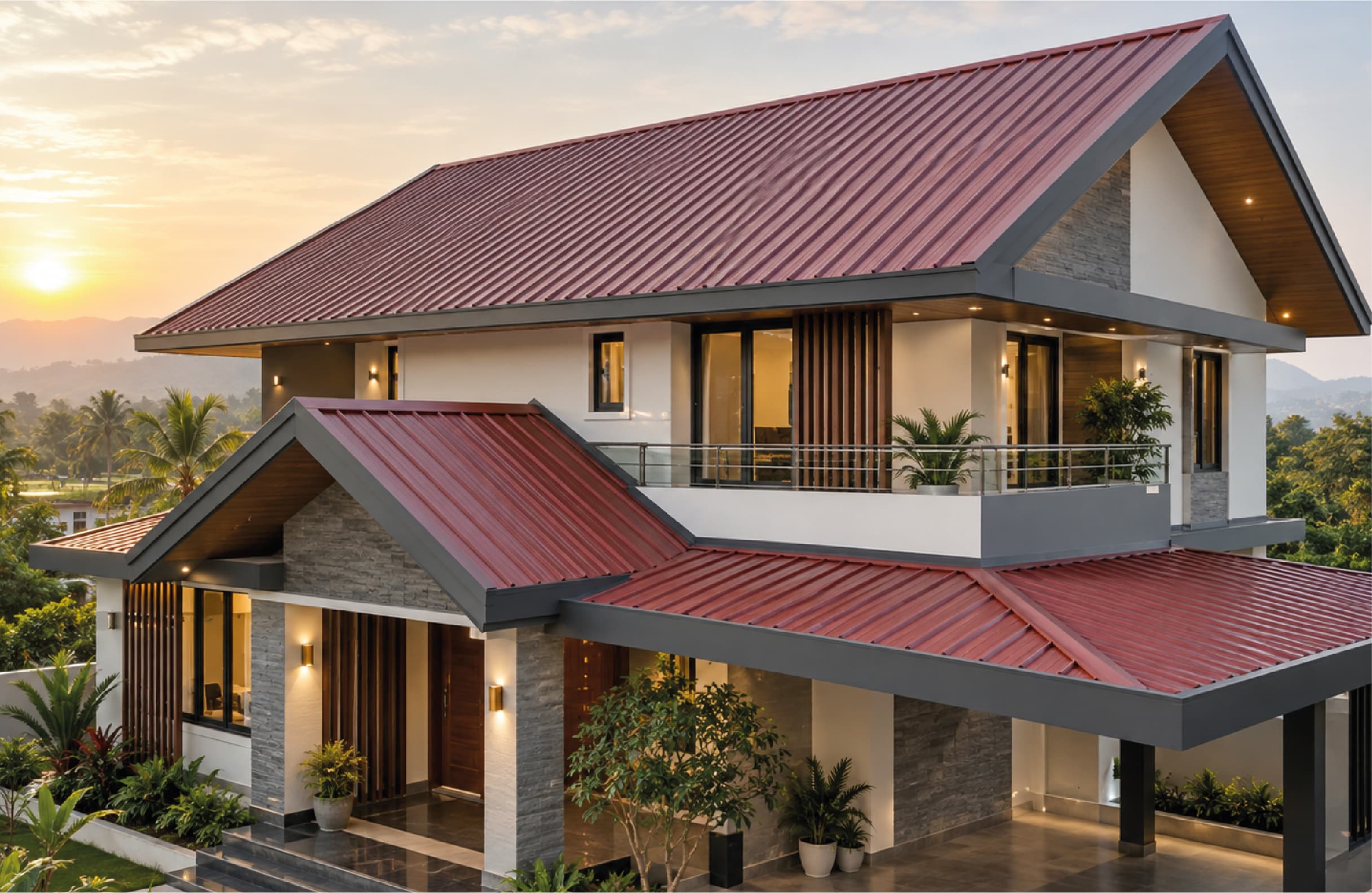 A modern two-storey home at sunset under a deep red standing-seam steel roof, with stone and timber cladding and palms behind