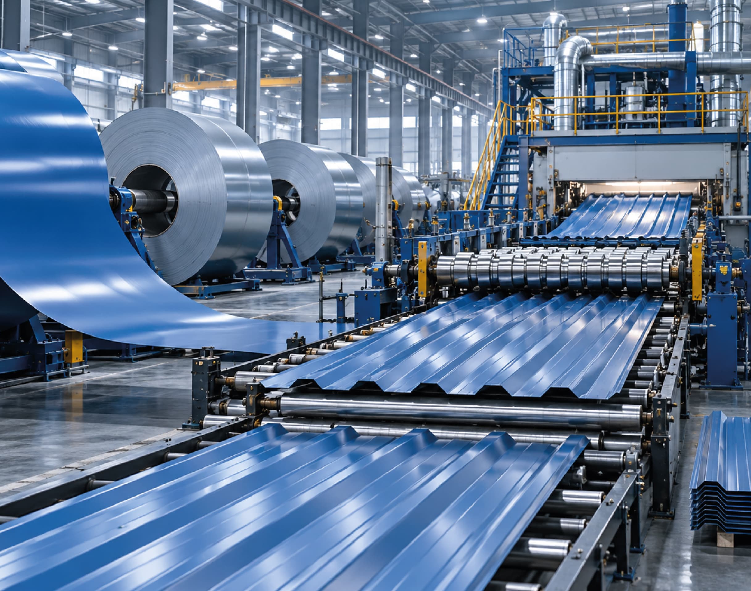 Aerial view of the SRMB plant — blue-clad production sheds with trucks loading in the yard
