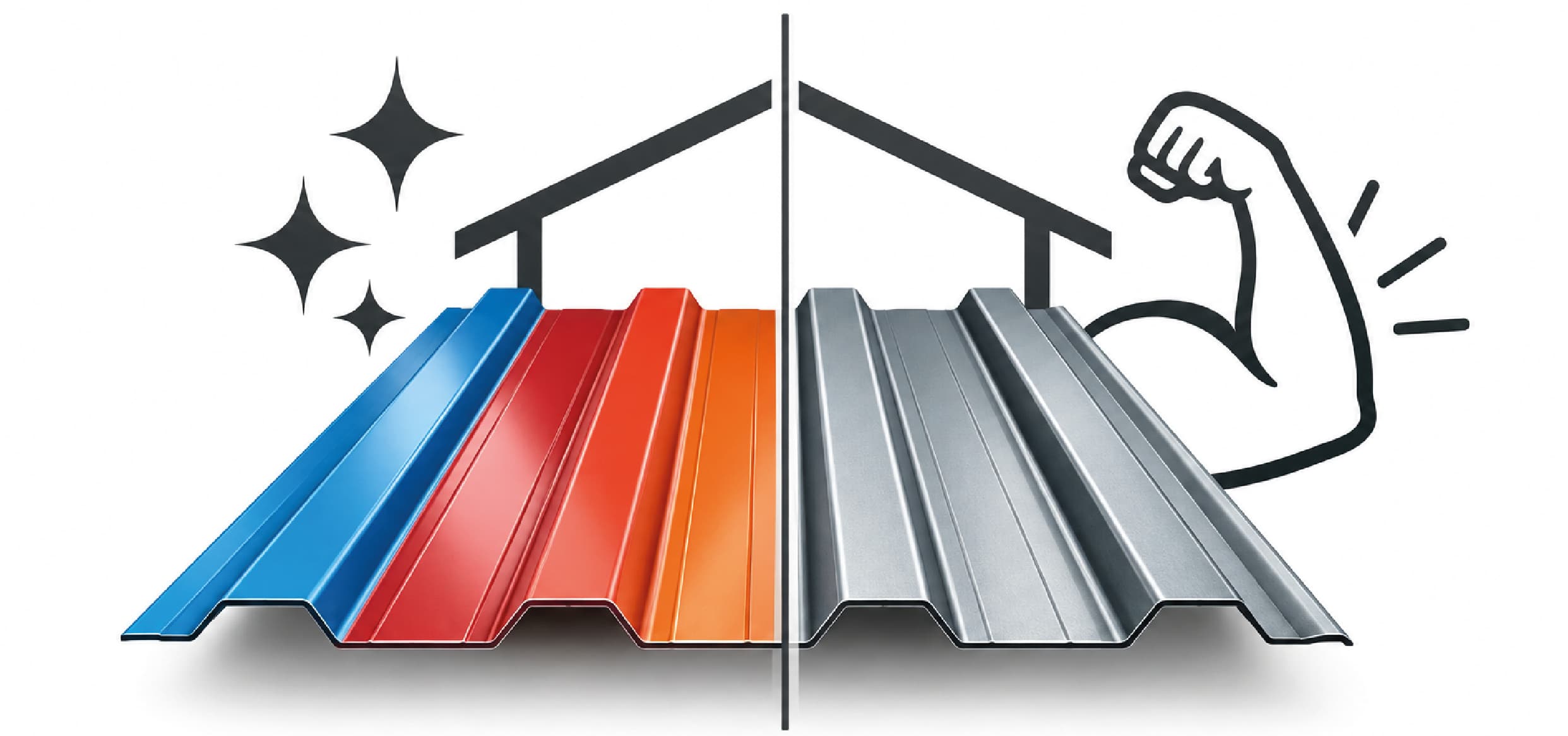 One roof split down the middle: colour coated sheets with a sparkle on one side, bare galvanised sheets with a flexed arm on the other