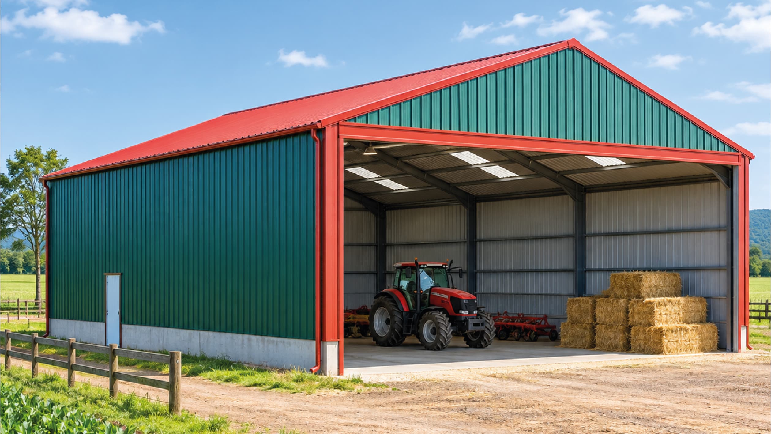 An open green farm shed under a red roof, sheltering a tractor and stacked hay bales