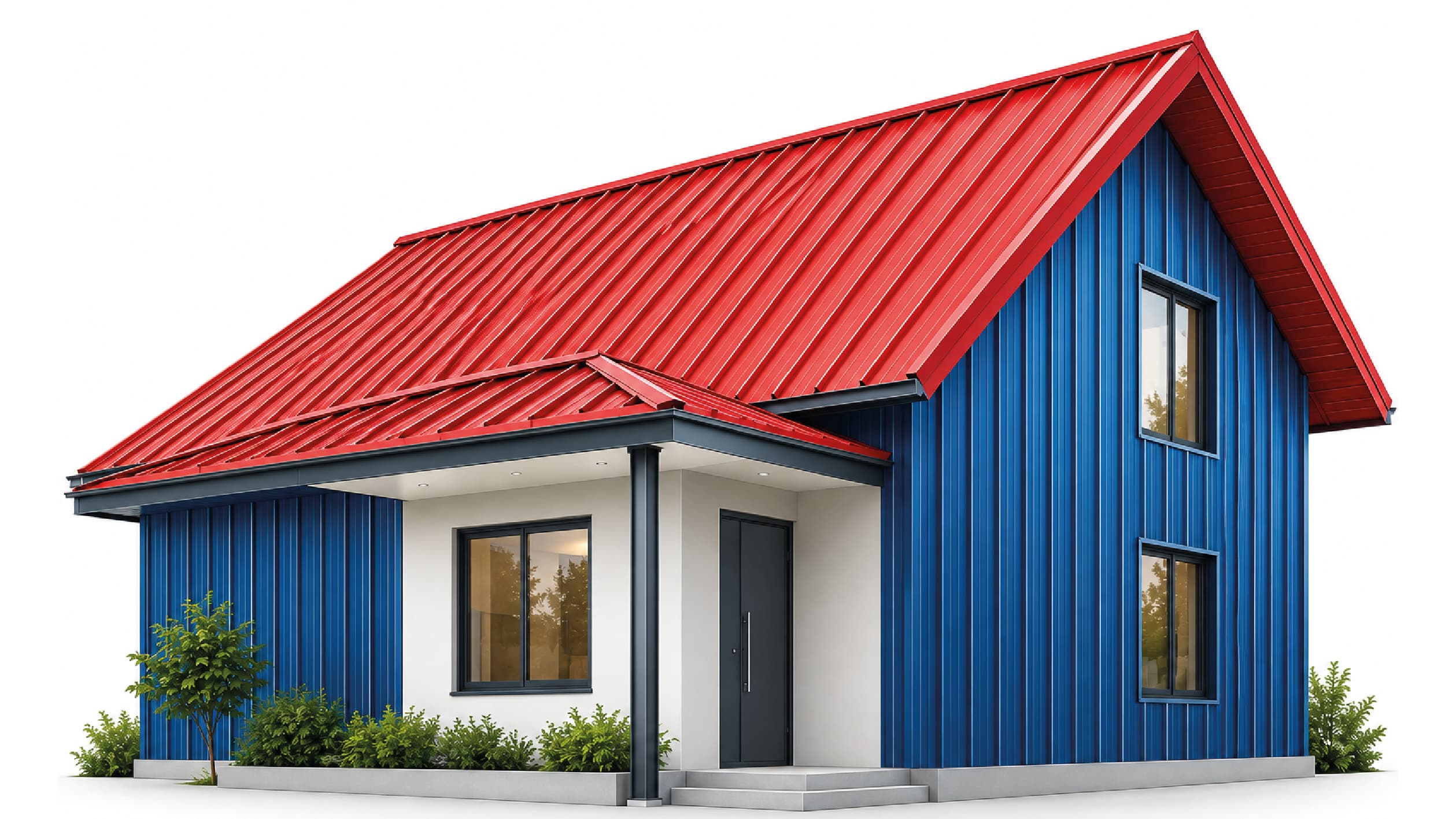 A house clad in blue steel under a bright red standing-seam roof