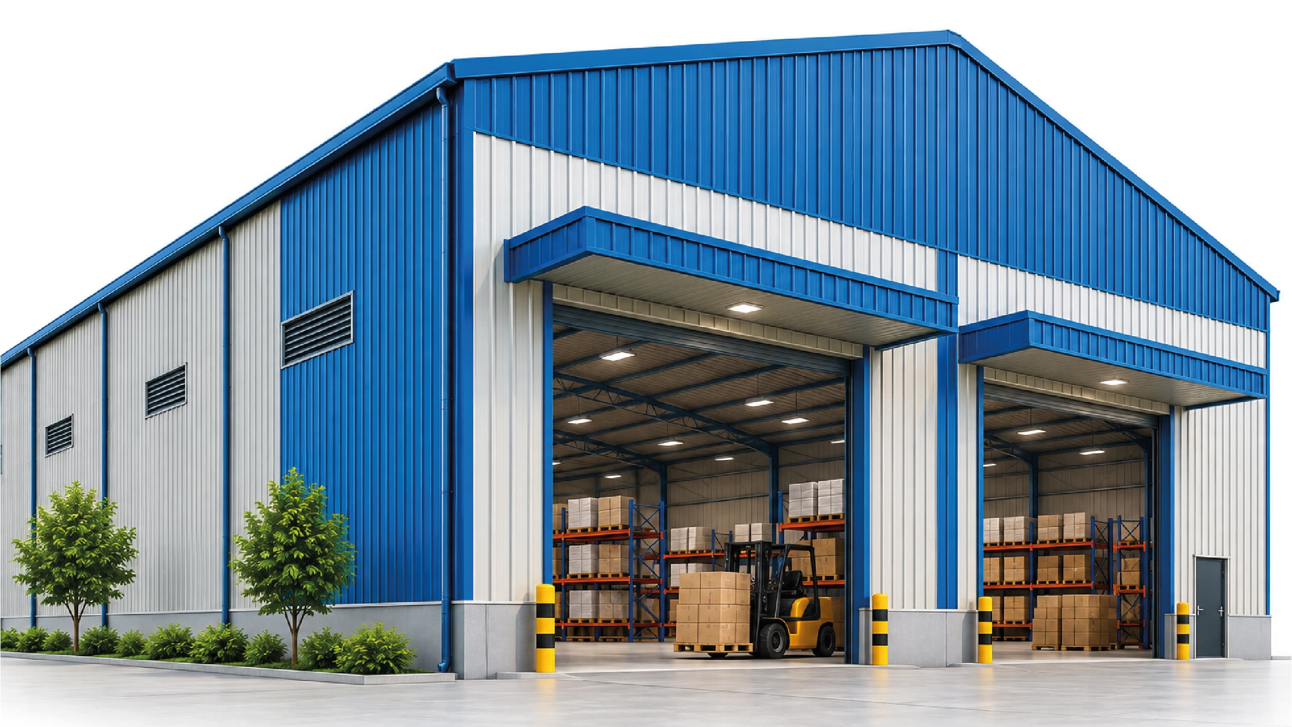 A blue and white warehouse with its loading bays open on racked pallets and a forklift