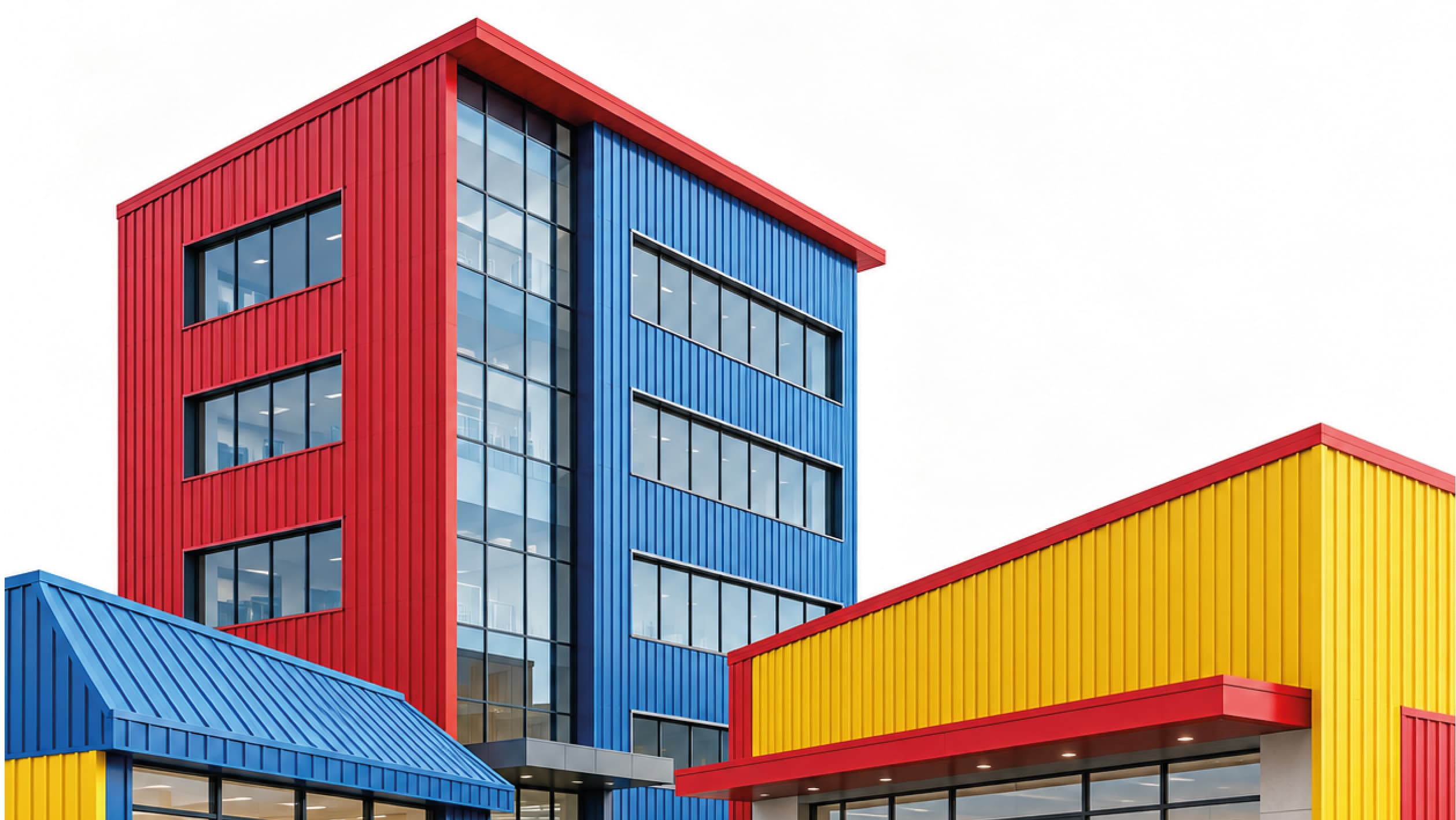 A red-clad office block beside a yellow and blue retail unit, both steel roofed