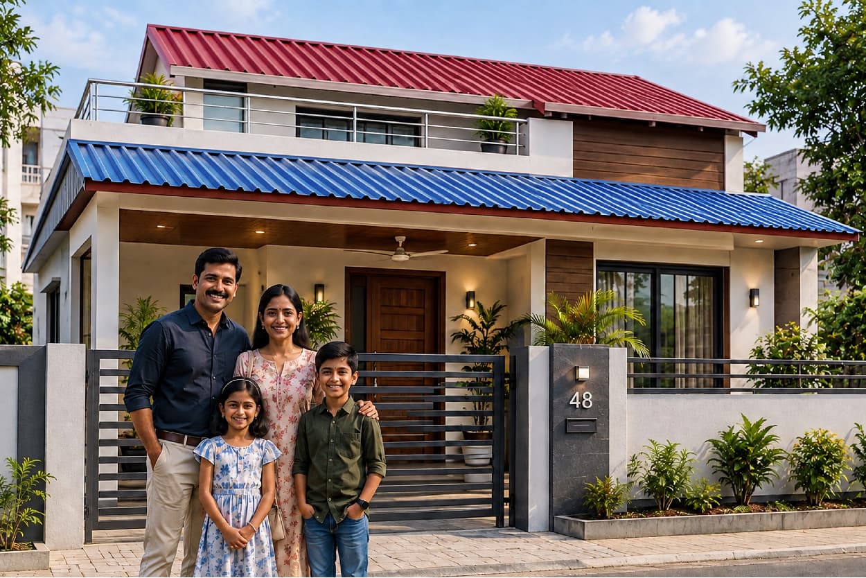 Family standing outside their home roofed with red and blue colour coated sheets