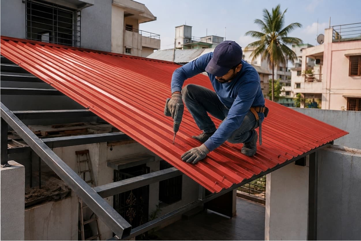 Roofing installer fastening a red profiled sheet onto a steel purlin frame