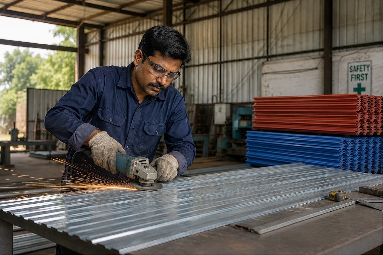 Worker cutting a galvanised sheet in a fabrication shed with stacked red and blue sheets behind
