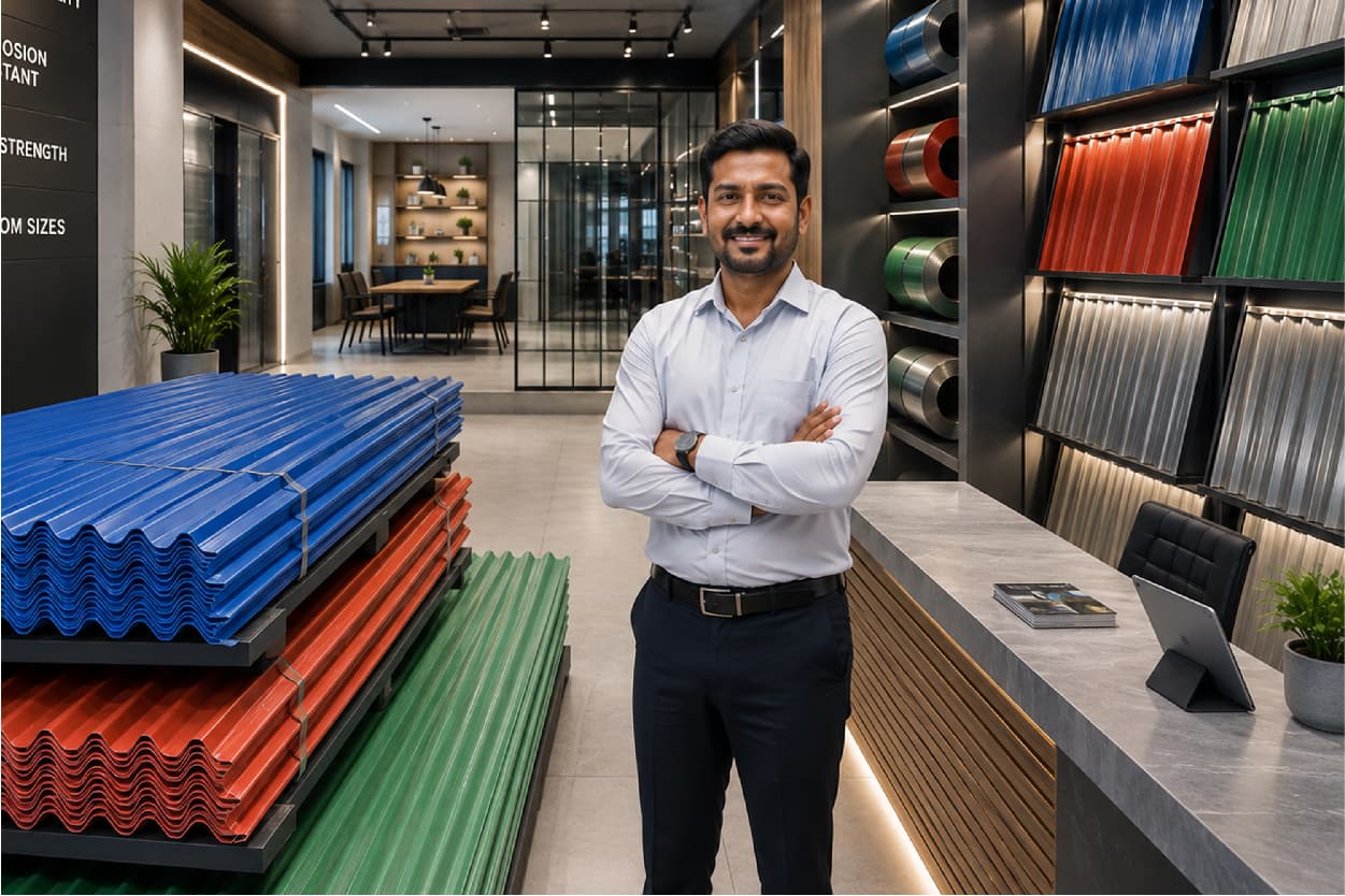 Dealer in a roofing showroom with stacked colour coated sheets and a wall of colour samples