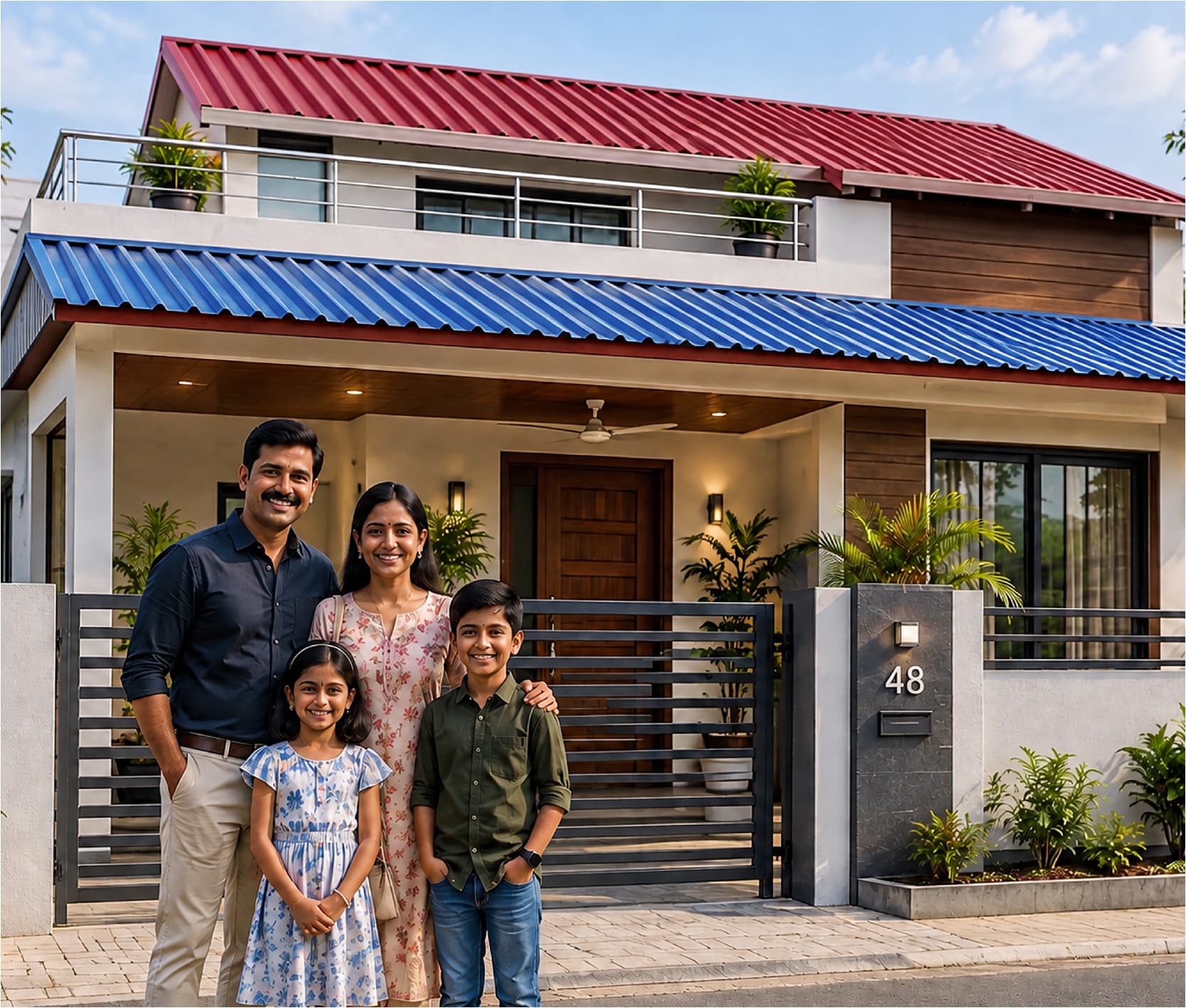 Family outside a two-storey home roofed with red and blue colour coated sheets