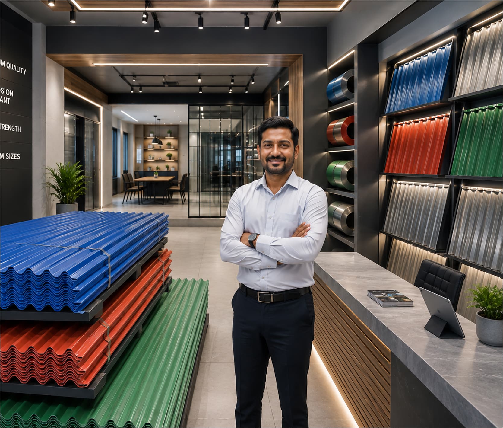 Dealer in a roofing showroom with stacked colour coated sheets, coils and a wall of colour samples