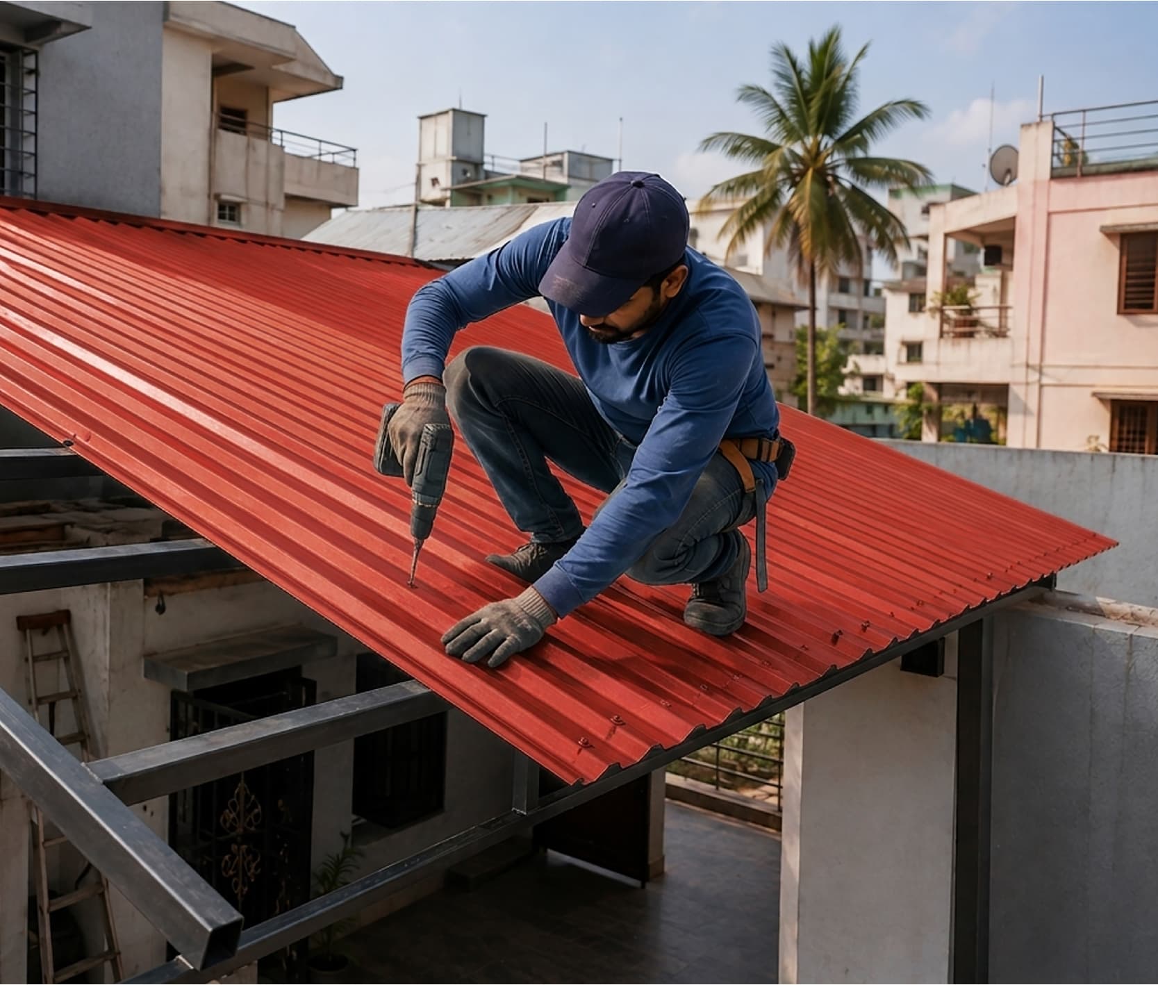 Installer drilling a red profiled roofing sheet onto a steel purlin frame