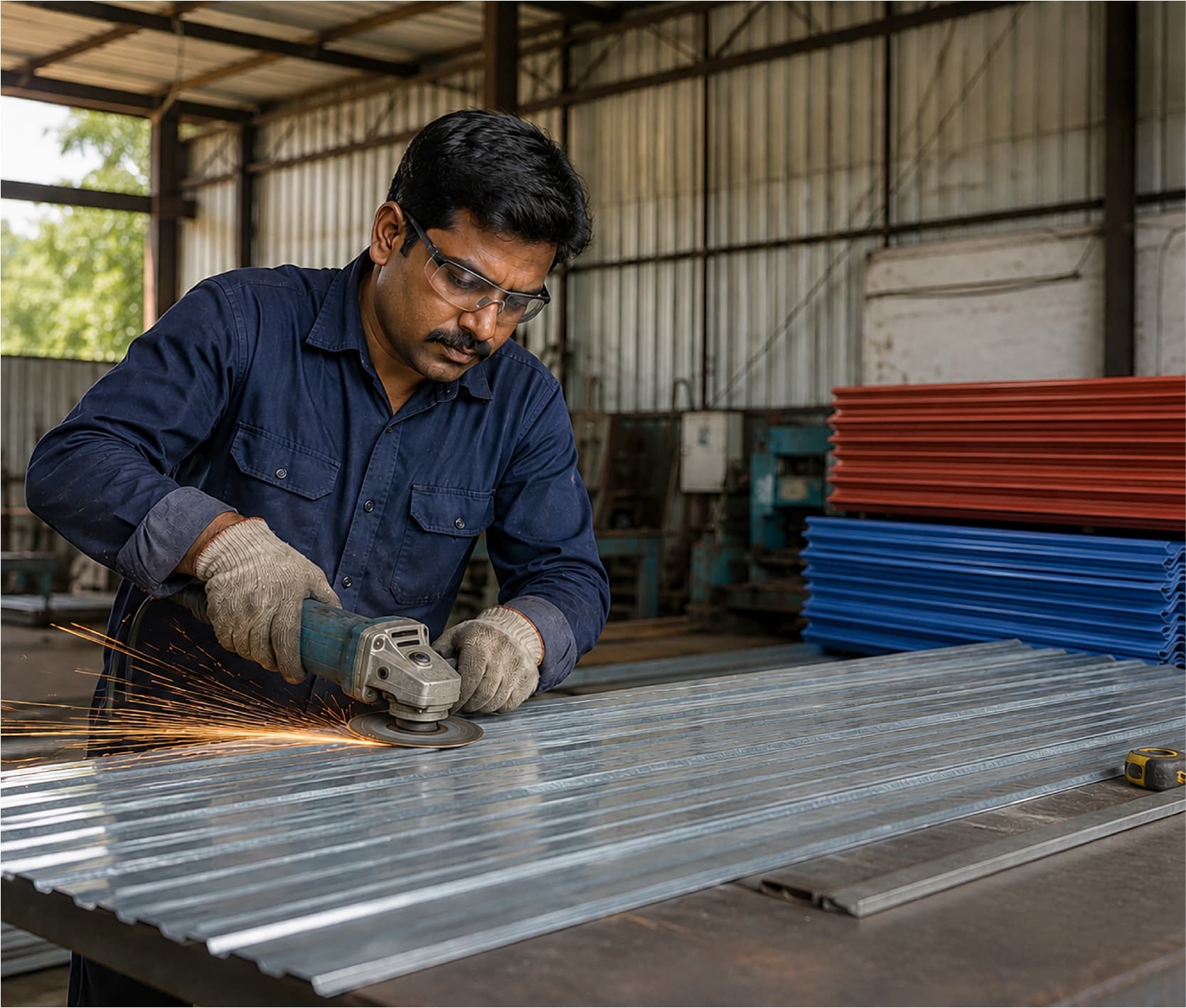 Worker grinding a galvanised sheet in a fabrication shed with stacked red and blue sheets behind