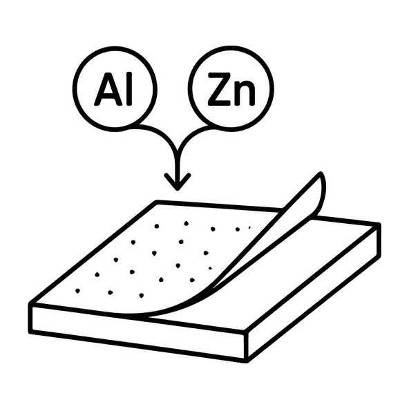Al and Zn markers with an arrow onto a steel sheet whose coating peels back