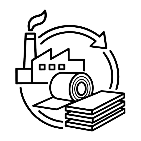 Factory, steel coil and stacked sheets inside a cycle arrow