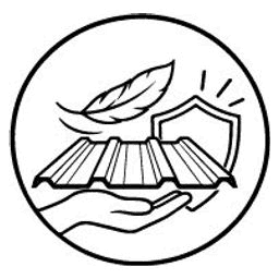 Line drawing of a roofing sheet resting on an open hand beside a feather