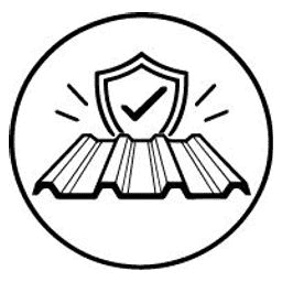 Line drawing of a shield with a tick standing over a roofing sheet