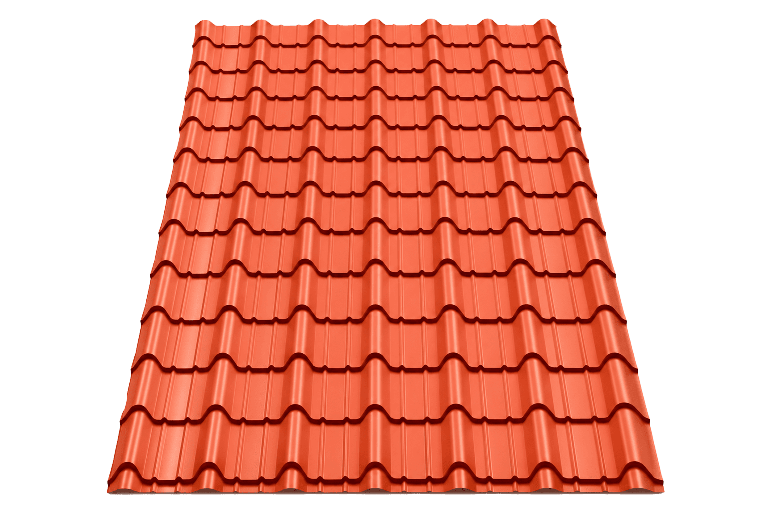 Terracotta colour coated sheet pressed into a stepped Mangalore clay-tile pattern