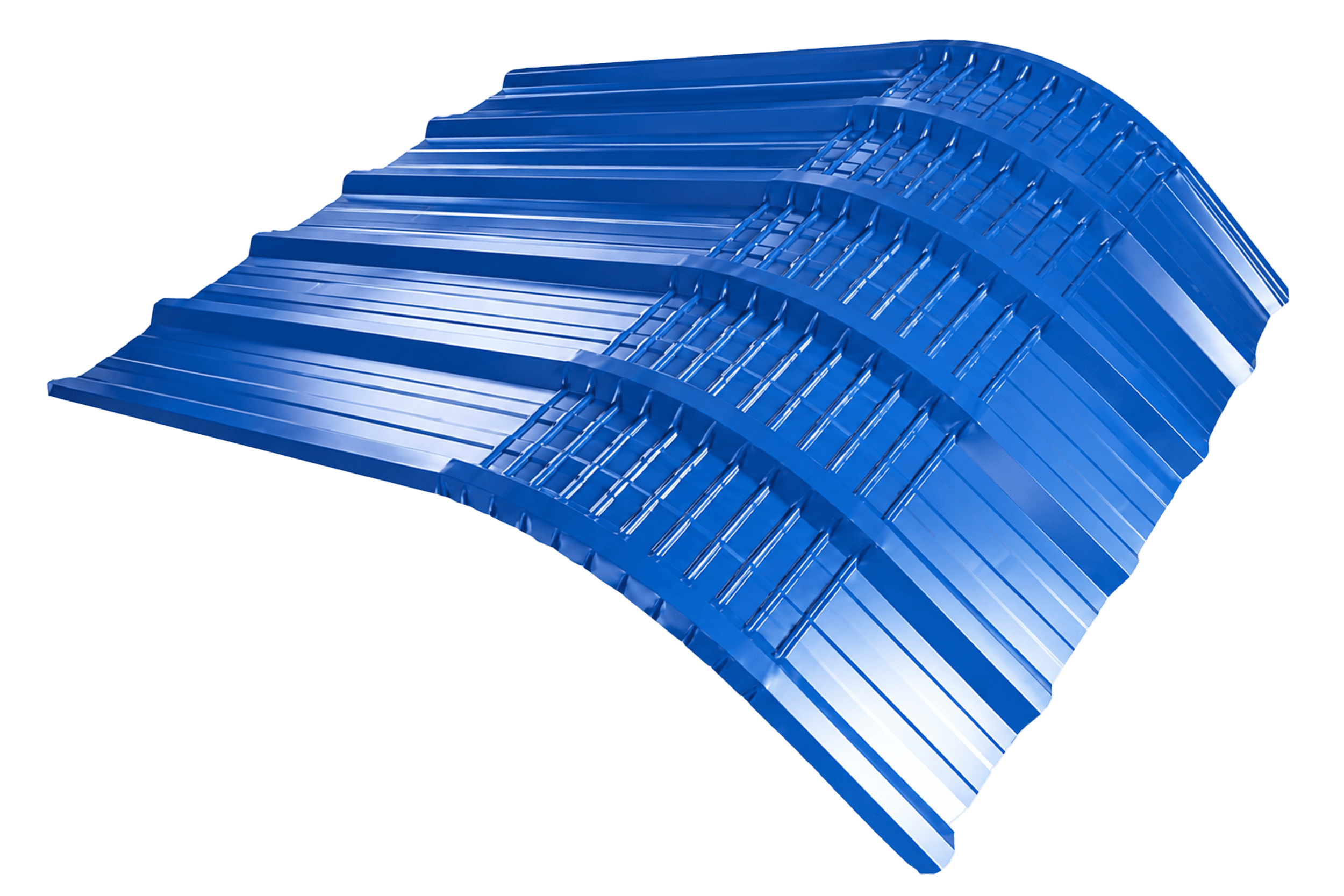 Blue colour coated sheet with wide double trapezoidal ribs, curved along its length